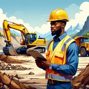 The image depicts a mining scene with a black worker in a highvisibility vest and hard hat standing to the right holding a clipboard and pen In the background there are two yellow excavators and a yellow dump truck both positioned on a construction s-3 The image depicts a mining scene with a black worker in a highvisibility vest and hard hat standing to the right holding a clipboard and pen In the background there are two yellow excavators and a yellow dump truck both positioned on a construction s-3